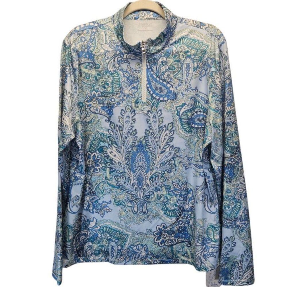 CEGOLFS UPF 50+ Blue Paisley 1/4 zip Pullover Golf Top Plus Size XXL